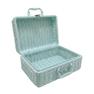 Imagem de Cesta de piquenique de vime de imitação, pequena cesta de piquenique caixa de armazenamento de vime de imitação de metal com alças, cestas de vime de imitação com alças para viagem, acampamento, festa