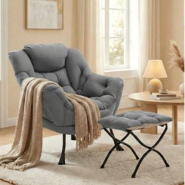 Imagem de TLSUNNY Cadeira preguiçosa com otomana dobrável, poltrona confortável moderna, poltrona de sofá grande com apoio para os pés e bolso lateral, cadeira de leitura com apoio para os pés para quarto, sala