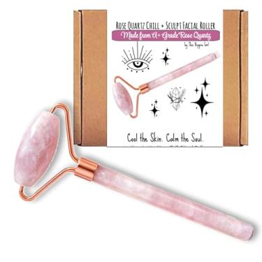Imagem de Rolo facial de quartzo rosa Hippie Girl, rolo Gua Sha refrescante para limpeza facial, massagem linfática, liga de ouro rosa, 2 unidades
