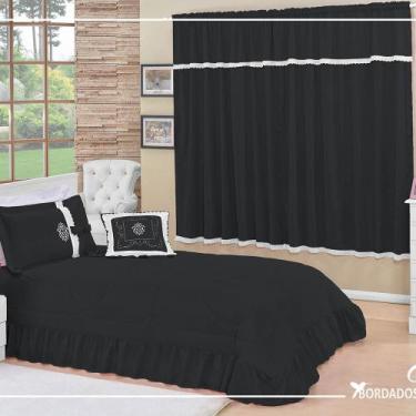 Imagem de Kit Cobre Leito Solteiro Esplendore Bordado 4 Pçs Colcha Preto - ATELI