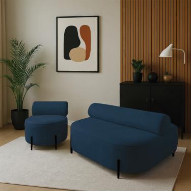 Imagem de Sofá Sala Ilha Orgânico e 1 Poltrona 125cm Éden Pé Aço Preto Bouclê Azul E03 - D'Rossi