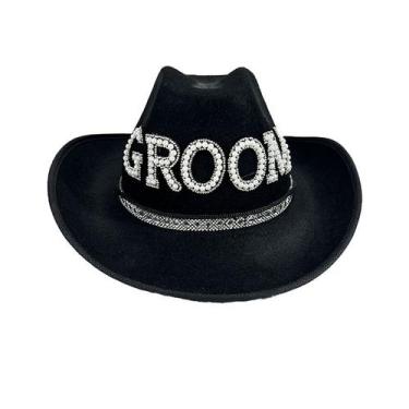 Imagem de Chapéu de cowboy Groom preto com letras de strass para adultos - yiwei