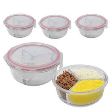 Imagem de Kit 3 Potes De Vidro 875ml 3 Divisórias Hermético Marmita Fit Com Trav