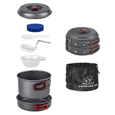 Imagem de Bulin Kit de utensílios de cozinha para acampamento, mochila portátil para fogueira de acampamento, conjunto de panelas de cozinha leve e durável para caminhadas em fogo aberto, ao ar livre (tigelas sem BPA, pratos), 7 peças