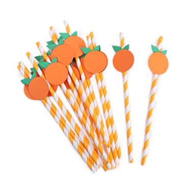 Imagem de Canudos de papel laranja – Canudos de papel listrados descartáveis biodegradáveis, 15 peças, canudos pequenos fofos, decorações de chá de bebê fofinho, decorações de aniversário temáticas pequenas