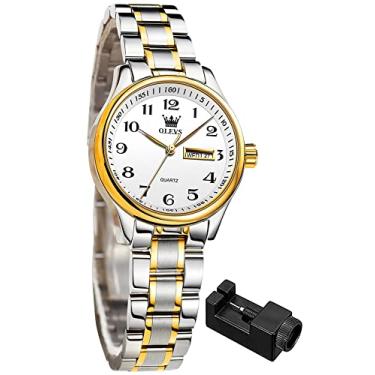 Imagem de OLEVS Relógios femininos vestido de negócios feminino feminino para relógio de pulso pequeno pulseira de aço inoxidável tom dourado prata analógico quartzo data dia data impermeável