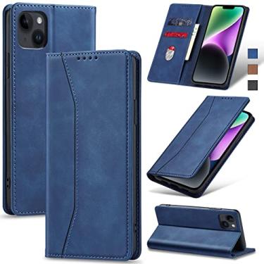 Imagem de Jasonyu Capinha Flip para iPhone 14 Plus 5G, Capinha de Couro com Suporte para Cartão, Protetora à Prova de Choque, Azul