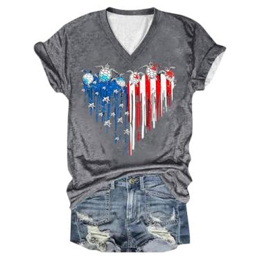 Imagem de Camisa Patriótica Feminina Bandeira Americana Coração Gráfico Engraçado Túnica Dia da Independência 4 de Julho Top Blusa Casual Verão, Cinza, P