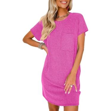 Imagem de Camisunny Vestido túnica feminino casual verão manga curta gola redonda com nervuras mini vestido camiseta com bolsos, Vermelho rosa, M