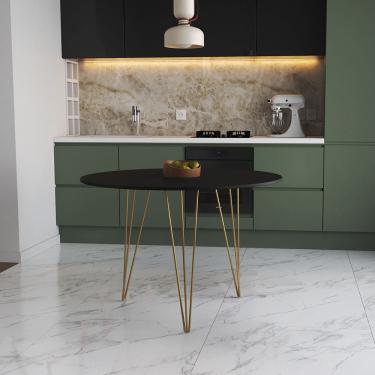 Imagem de Mesa de Jantar Redonda 90cm Preta Clips 3 Pés Base Dourada