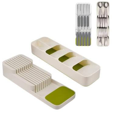 Imagem de KIT Conjunto Organizador de Talheres e Facas com Divisórias Nichos Separador Porta Talheres Bandeja Organizadora de Gaveta Economiza Espaço COR BRANCA