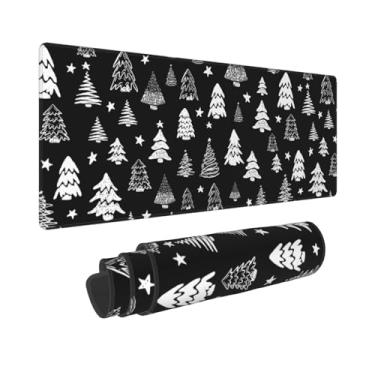 Imagem de Mouse pad de Natal preto e branco 80 x 29 cm GG árvore de natal feriado grande gamer mousepad teclado tapete de mesa antiderrapante base de borracha bordas costuradas para escritório em casa