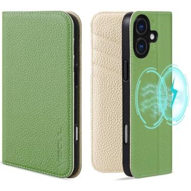 Imagem de VISOUL Capa carteira para iPhone 16 com porta-cartões, carteira de couro real com suporte à prova de choque, capa tipo fólio compatível com iPhone 16 (6,1 polegadas) - verde + branco