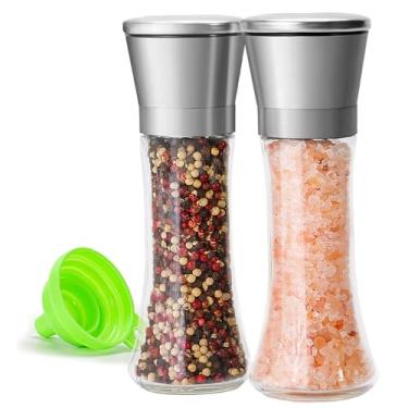 Imagem de M JINGMEI Conjunto de 2 moedores de sal marinho e pimenta de aço inoxidável premium - Cerâmica ajustável - Saleiro e pimenteiro de vidro alto - Moedor de pimenta e moedor de sal com funil (6 cm L x 19