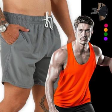 Imagem de Kit Conjunto SHORTS Bermuda ELASTANO + REGATA Fitness Academia MASCULI
