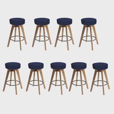 Imagem de Kit 09 Banqueta Alta Redonda Giratória Elsa Madeira Balcão Bistrô Cozinha Suede Azul Marinho - Ahz Móveis