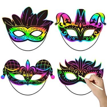 Imagem de WATINC 24 máscaras de carnaval para crianças, kit de artesanato de arte de arco-íris de carnaval, baile de máscaras, faça você mesmo, máscara de papel de raspar de cores mágicas, fantasias, arranhões, cartões para colorir