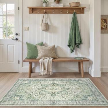 Imagem de Tortania Tapete de área para sala de estar – Tapete lavável vintage oriental envelhecido casa de fazenda pequeno fino para sala de estar quarto embaixo da mesa de jantar escritório em casa - verde
