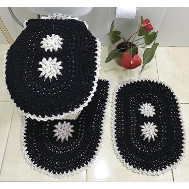 Imagem de Tapete para Banheiro em Crochê Florão Bordado 3 Peças (Preto)