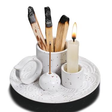 Imagem de Suporte de queimador de incenso de cerâmica 4 em 1 com alça para queimar sálvia, palo santo, varas de joss, vela em sua nova casa, escritório, ioga, sala de meditação (branco)