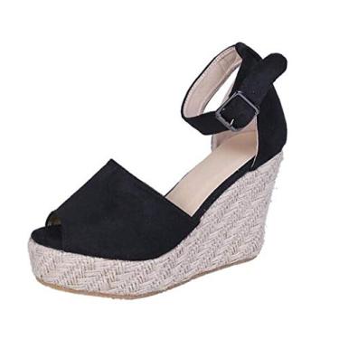 Imagem de Bigfanshu Sandálias femininas de salto alto com rebites, espadrille, plataforma, salto anabela, tira no tornozelo, tamanho grande, Preto, 39 BR