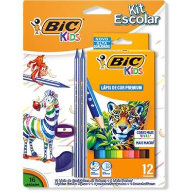 Imagem de 530060 - BIC, Kit Escolar com 12 Lápis de Cor de Madeira BIC Kids + 2 Lápis Grafite Pijama + 1 Borracha + 1 Apontador, 16 Unidades