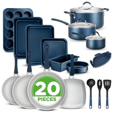 Imagem de Jogo de cozinha NutriChef Profissional, 20 peças, azul-marinho, panelas e frigideiras antiaderentes duráveis com utensílios, compatível com qualquer cooktop, fácil de limpar