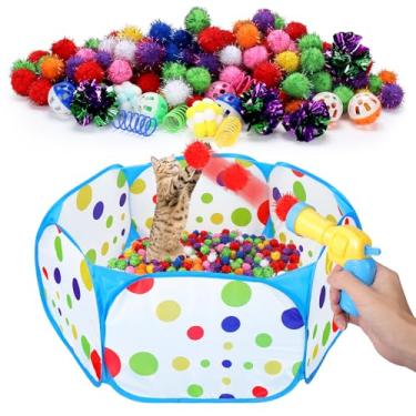 Imagem de 219 peças de caixa de bolas para gatos, brinquedo interativo para gatos entediados em ambientes internos com lançador de bolas, bolas de jingle, bolas enrugadas, molas, bolas de pompom, brinquedos de