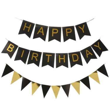 Imagem de Faixa listrada preta e dourada com conjunto de bandeira triangular | Conjunto de faixa de celebração de decoração de festa de aniversário | Fundo preto com letras douradas adequado para todas as
