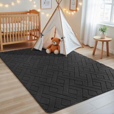 Imagem de Macgace Tapete ultra macio cinza escuro para quarto, tapetes geométricos modernos de 10 x 15 cm com suporte antiderrapante para sala de estar, tapete felpudo lavável para quarto de crianças