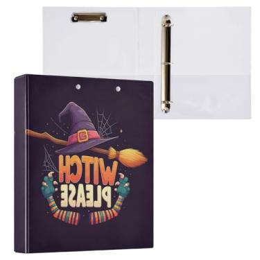 Imagem de STAYTOP Organizador de fichário redondo de chapéu de bruxa e vassoura de Halloween, fichário de 3 anéis com prancheta (carta A4), fichário fofo para material de escritório escolar