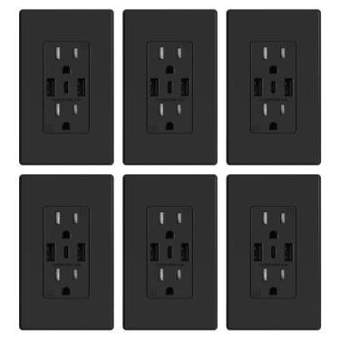 Imagem de Tomadas de parede USB ELEGRP 15A com 3 portas USB tipo A e C pretas, 6