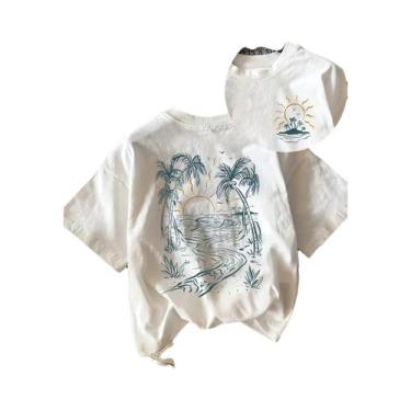 Imagem de Camiseta Vintage Com Estampa De Palmeira E Sol, Gola Redonda, Algodão 