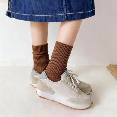 Imagem de 1 par de meias femininas de cano médio, versáteis, adequadas para usar sozinhas, listras verticais, modernas no Instagram., Marrom escuro, M