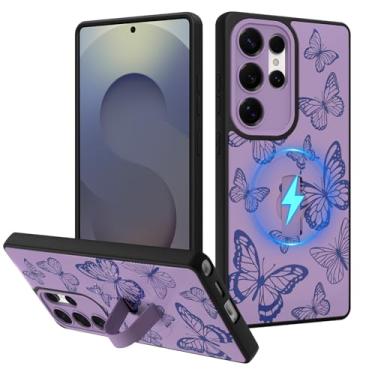 Imagem de Fiyart Projetada para Samsung Galaxy S25 Ultra capa fofa borboleta escondida alça de dedo suporte de telefone para mulheres e meninas, compatível com MagSafe TPU rígido PC à prova de choque 17,5 cm