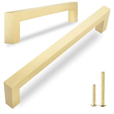 Imagem de QogriSun Puxador de armário quadrado de latão maciço, puxador de móveis dourado, orifício central de 96 mm, pacote com 2 para porta de armário de cozinha, gaveta de cômoda de quarto, equipamento de armário de banheiro, acabamento escovado
