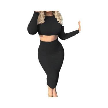 Imagem de Conjunto De Vestido Com Top Cropped De Manga Longa E Saia Até O Meio D