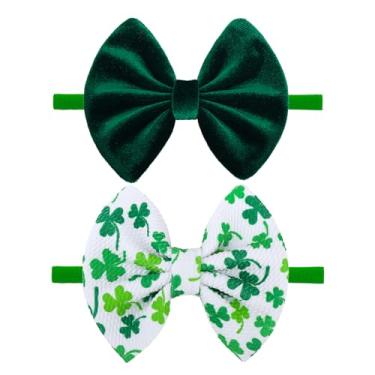 Imagem de ONENINEDREAM St. Patrick's Baby Headbands Laços de veludo, laços de trevo de folhas verdes, tiras de nylon para recém-nascidos, acessórios de cabelo para bebês e crianças