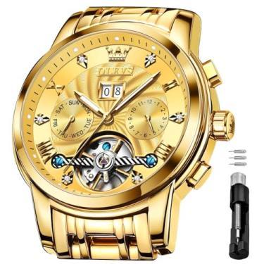 Imagem de OLEVS Relógio de pulso masculino automático, mecânico, esqueleto, luxuoso, mostrador azul, impermeável, com corda automática, fase da lua, aço inoxidável, luminoso, turbilhão, Todo dourado., Clássico