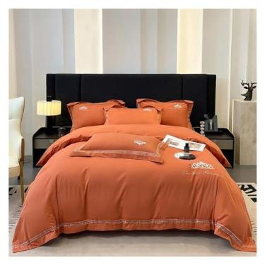 Imagem de Jogo de cama de algodão egípcio laranja 1200TC 4 peças King Queen Size lençol liso capa de edredom fronha roupa de cama, conjunto de cama (solteiro laranja)