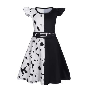 Imagem de Sukyfecde Vestidos de princesa para meninas, fantasia de Halloween, vestido de festa de aniversário, cosplay, roupas para dramatização, Cruela preta e branca, 7-8 Anos