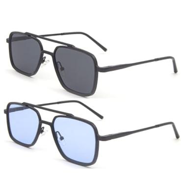 Imagem de Dollger Óculos de sol masculinos quadrados aviador mola dobradiça armação de metal óculos de sol femininos confortáveis punk óculos de sol masculinos, 2 pacotes: cinza + azul, Large