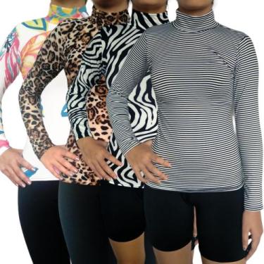 Imagem de Kit 4 Blusinhas Femininas Gola Alta Manga Longa Justas Estampas Sortid