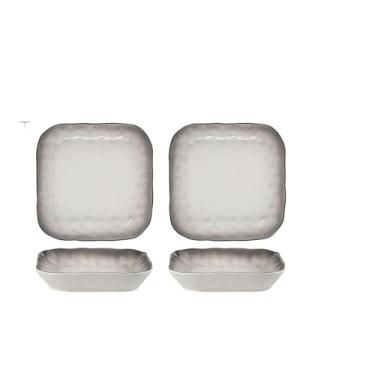 Imagem de Conjunto de tigela e prato de cerâmica simples e personalizado, conjunto de prato e tigela de restaurante doméstico - prato quadrado espremido à mão de 20 cm - cinza de mudança gradual - 2 pacotes