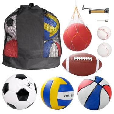 Imagem de TANEMUDO Conjunto de 7 bolas esportivas multiuso de tamanho oficial, futebol, vôlei, bola de playground, beisebol, softbol, 2 bombas e bolsa de armazenamento, ótimo para adolescentes e adultos