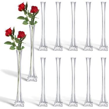Imagem de Roshtia 12 peças Vaso Torre Eiffel a granel 40,6 cm Vasos de vidro transparente Vasos de vidro altos e skinny base de vidro para decoração de flores de centro de mesa de casamento