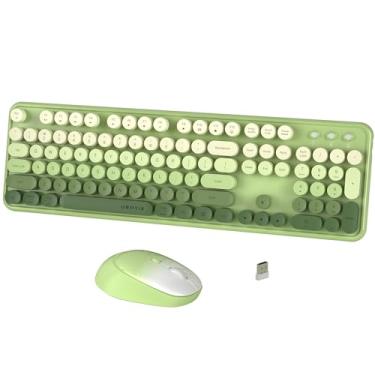 Imagem de FCPLU Combo de teclado e mouse sem fio xUBOTIE, teclado redondo colorido de 104 teclas, layout QWERTY, 2,4 GHz, botão liga/desliga, plug play para PC, laptop (verde)