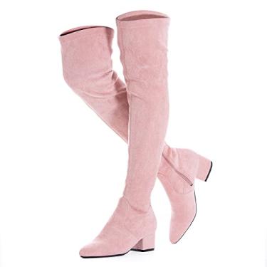 Imagem de N.N.G Botas femininas acima do joelho camurça coxa salto baixo preto inverno bloco plano grosso OTK conforto longo zíper pontiagudo acima do joelho botas, Rosa/salto de 5 cm (2 polegadas), 6.5
