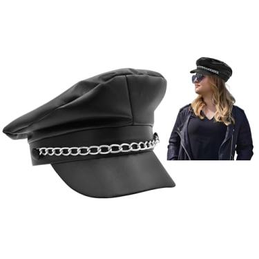 Imagem de Nicky Bigs Novelties Acessório de fantasia de motociclista de couro falso preto adulto punk orgulho chapéu corrente