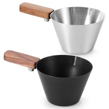 Imagem de 2 copos medidores de café expresso de aço inoxidável de 120 ml com cabo de madeira e escala dupla para cafeteria doméstica (preto + cor aço, 2)